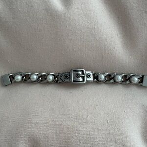 Coach Silver Tone Pearl Chain Bracelet with Buckle Accent